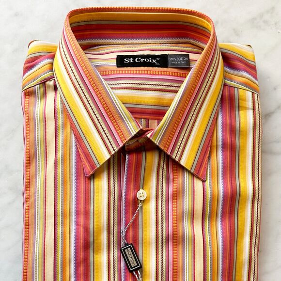 St Croix Mango Yellow Orange Striped Long Sleeve Cotton Dress Shirt - Men's XL